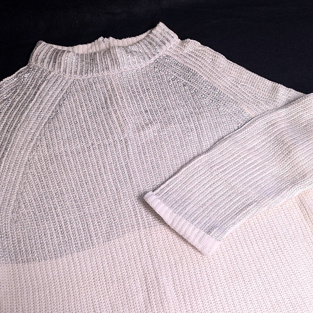 Chicos Sweater Women 2 US L White Silver Metallic Mock Neck Zip Back Ribbed Knit